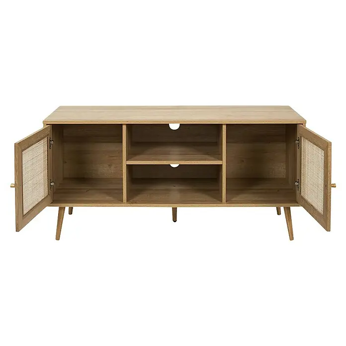 Home Deco Factory Bali Conjunto mueble de salón - 3 pzs., Marrón, Con ratán trenzado - Armario de madera abierto con tres compartimentos y dos puertas de ratán para un almacenamiento elegante.