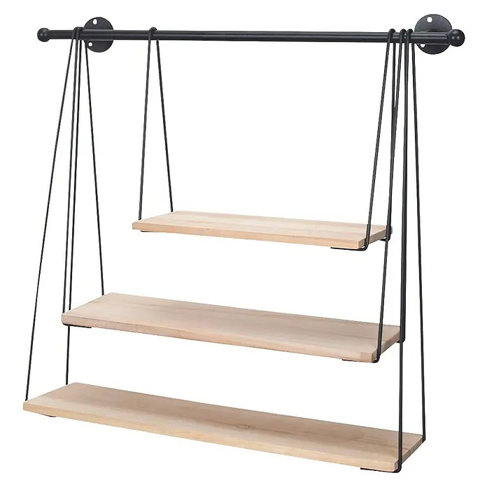Home Deco Factory Estante de pared Columpio - L x An x Al: 20 x 65 x 62 cm, Número de baldas: 3 ud. - Estante de pared con tres estantes de madera y estructura metálica negra para una decoración elegante.
