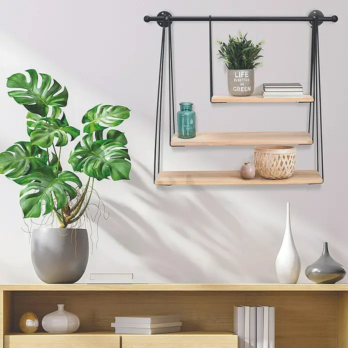 Home Deco Factory Estante de pared Columpio - L x An x Al: 20 x 65 x 62 cm, Número de baldas: 3 ud. - Estantería de pared de tres niveles con aspecto de madera y estructura metálica negra para decoración del hogar.