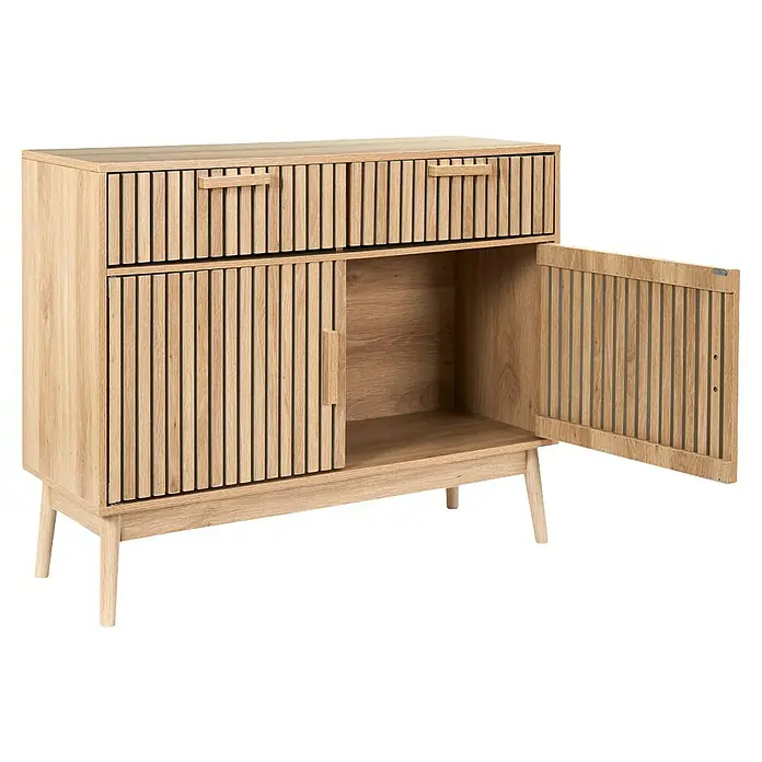 Home Deco Factory Klaus Aparador - L x An x Al: 35 x 100 x 80 cm, Marrón, Número de cajones: 2 ud., Número de puertas: 2 ud., Diseño acanalado - Un aparador de madera con dos cajones y una puerta abierta. El aparador se apoya en cuatro patas delgadas y proporciona espacio de almacenamiento adicional.