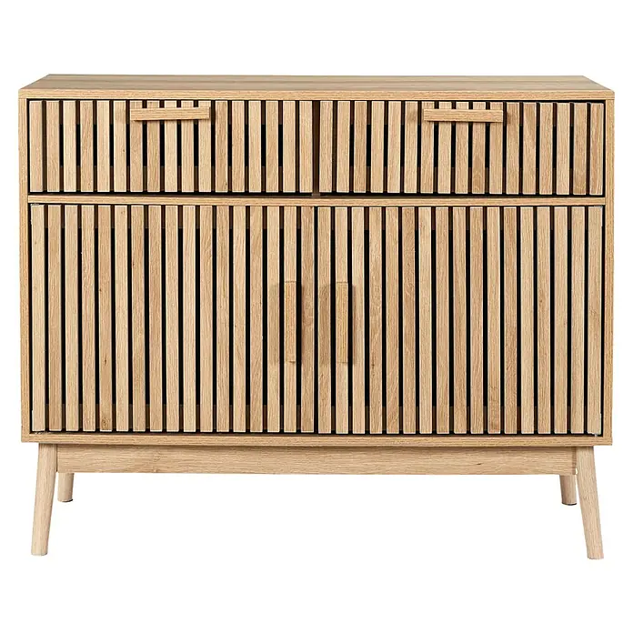 Home Deco Factory Klaus Aparador - L x An x Al: 35 x 100 x 80 cm, Marrón, Número de cajones: 2 ud., Número de puertas: 2 ud., Diseño acanalado - Elegante aparador de madera con cajones y puertas de listones. Perfecto para un almacenamiento elegante en cualquier habitación.
