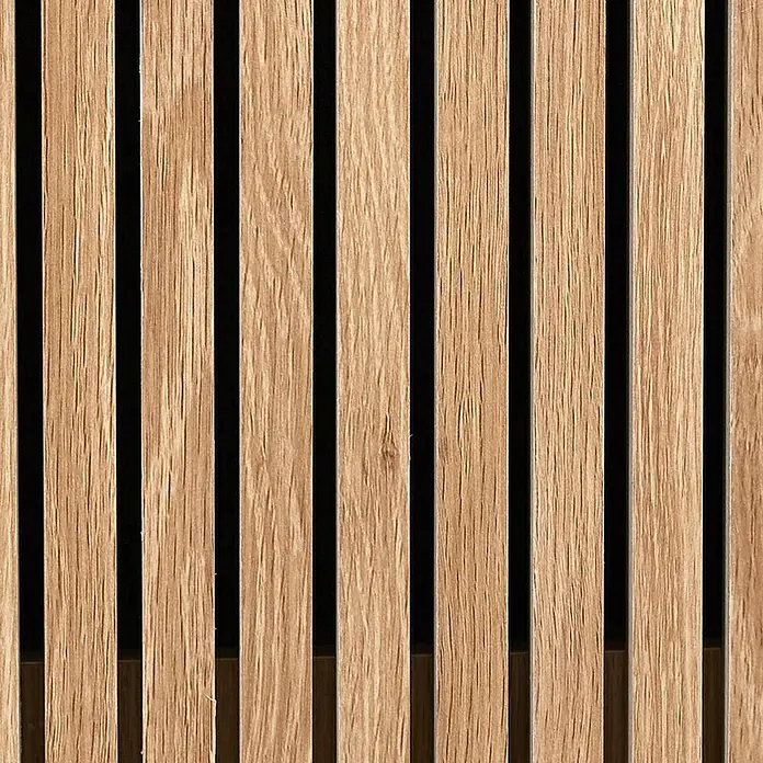 Home Deco Factory Klaus Aparador - L x An x Al: 35 x 100 x 80 cm, Marrón, Número de cajones: 2 ud., Número de puertas: 2 ud., Diseño acanalado - Primer plano de una pared de listones de madera con vetas visibles, mostrando un elemento de diseño moderno y natural.