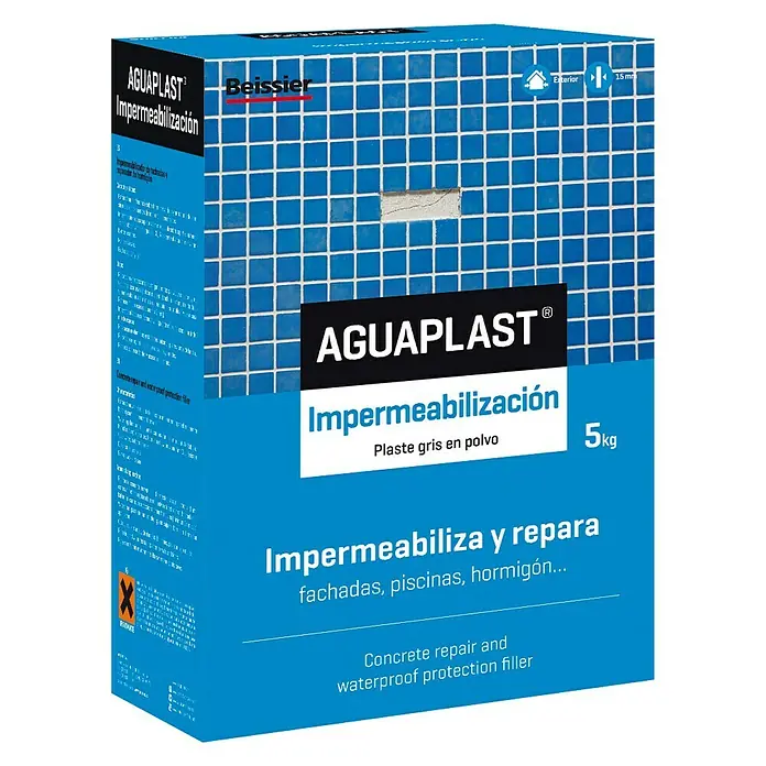 Beissier Aguaplast Plaste impermeabilización - Gris, 5 kg - Paquete de impermeabilización AGUAPLAST, un yeso en polvo gris para reparación de hormigón y protección impermeable.