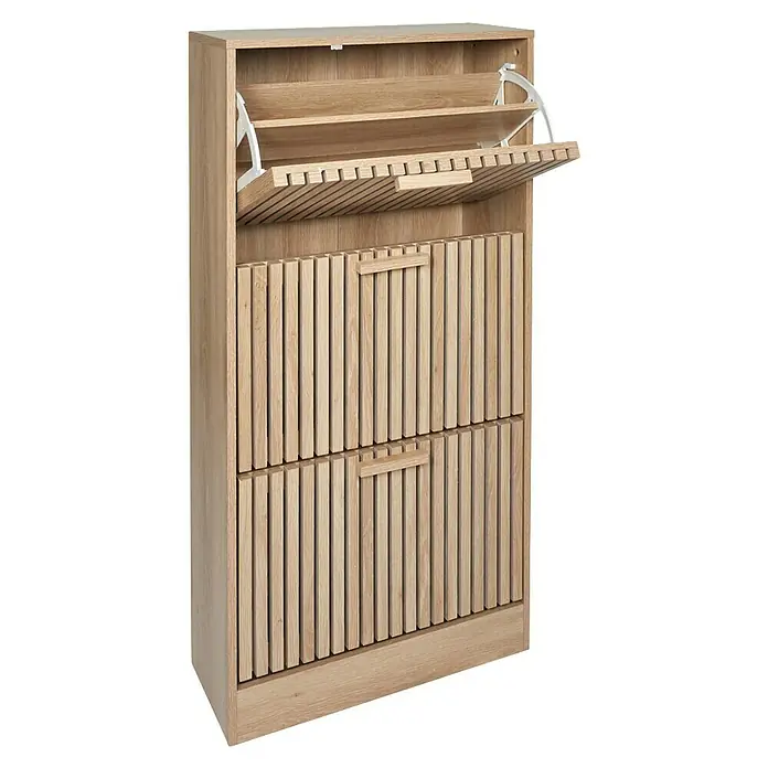 Home Deco Factory Klaus Zapatero - L x An x Al: 24 x 60 x 113 cm, Marrón, Número de compartimentos: 3 ud., Diseño acanalado - Zapatero color madera con dos compartimentos abatibles y dos cajones. El mueble tiene una estructura de listones en los cajones.