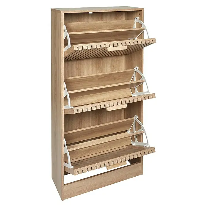 Home Deco Factory Klaus Zapatero - L x An x Al: 24 x 60 x 113 cm, Marrón, Número de compartimentos: 3 ud., Diseño acanalado - Un zapatero de madera de tres niveles con mecanismo blanco ofrece un amplio espacio de almacenamiento. Diseño práctico para el pasillo.