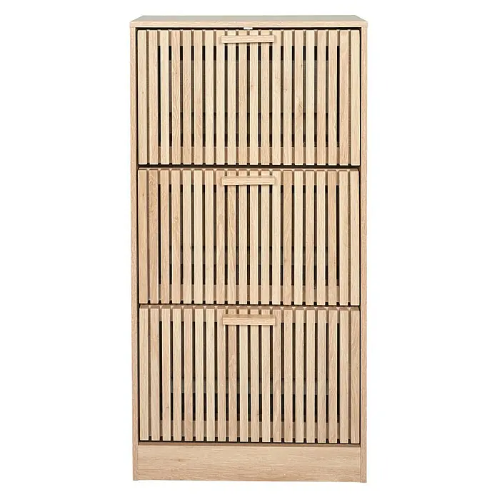 Home Deco Factory Klaus Zapatero - L x An x Al: 24 x 60 x 113 cm, Marrón, Número de compartimentos: 3 ud., Diseño acanalado - Zapatero de madera con tres compartimentos abatibles. Un mueble elegante y funcional para guardar zapatos.