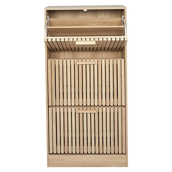 Home Deco Factory Klaus Zapatero - L x An x Al: 24 x 60 x 113 cm, Marrón, Número de compartimentos: 3 ud., Diseño acanalado - Zapatero de madera con dos compartimentos, perfecto para guardar y organizar sus zapatos. El compartimento superior está abierto.