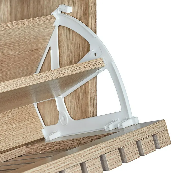Home Deco Factory Klaus Zapatero - L x An x Al: 24 x 60 x 113 cm, Marrón, Número de compartimentos: 3 ud., Diseño acanalado - Detalle de un zapatero abatible con estructura de plástico blanco e inserciones de madera. Práctico almacenamiento para zapatos.