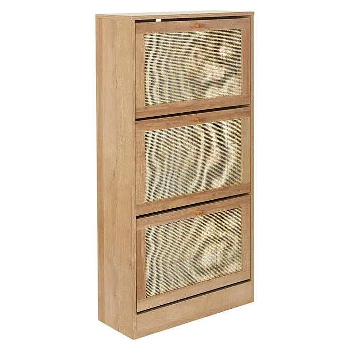 Home Deco Factory Bali Zapatero - L x An x Al: 24 x 60 x 113 cm, Marrón, Número de compartimentos: 3 ud., Con ratán trenzado - Zapatero moderno de madera con tres compartimentos abatibles y frentes de ratán para un almacenamiento elegante.