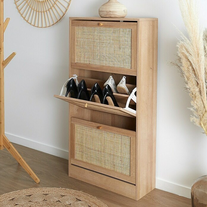 Home Deco Factory Bali Zapatero (L x An x Al: 24 x 60 x 113 cm, Marrón, Número de compartimentos: 3 ud., Con ratán trenzado) | BAUHAUS