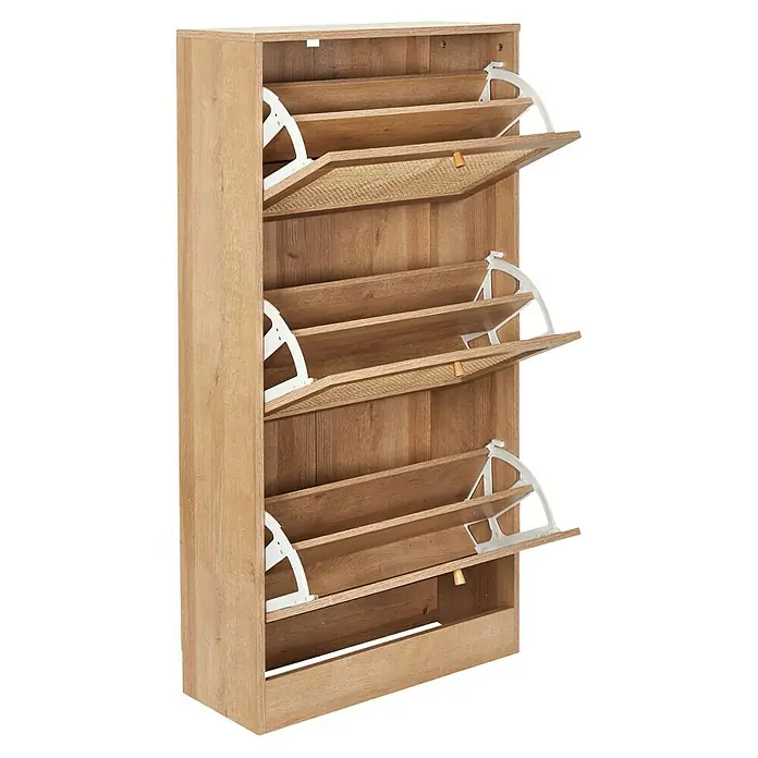 Home Deco Factory Bali Zapatero - L x An x Al: 24 x 60 x 113 cm, Marrón, Número de compartimentos: 3 ud., Con ratán trenzado - Este moderno zapatero con aspecto de madera ofrece un elegante espacio de almacenamiento para sus zapatos. Las solapas garantizan un fácil acceso y un almacenamiento.
