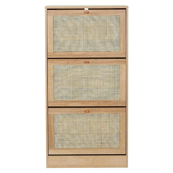 Home Deco Factory Bali Zapatero - L x An x Al: 24 x 60 x 113 cm, Marrón, Número de compartimentos: 3 ud., Con ratán trenzado - Un zapatero de madera de tres niveles con frentes tejidos en ratán. Proporciona un almacenamiento elegante para tu calzado.