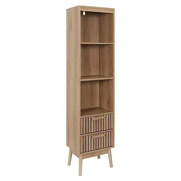 Home Deco Factory Klaus Estantería de madera - L x An x Al: 30 x 40 x 160 cm, Marrón, Diseño acanalado - Una estantería marrón claro con dos cajones y cuatro estantes abiertos, que ofrece un amplio espacio de almacenamiento y un diseño atractivo.
