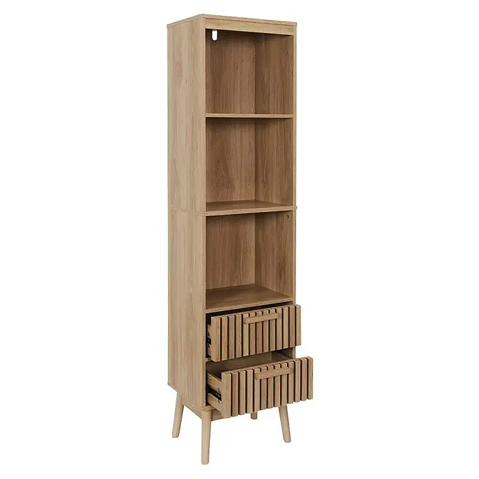 Home Deco Factory Klaus Estantería de madera - L x An x Al: 30 x 40 x 160 cm, Marrón, Diseño acanalado - Un armario de madera clara con estantes abiertos y dos cajones con frentes de listones verticales, ideal para un almacenamiento elegante.