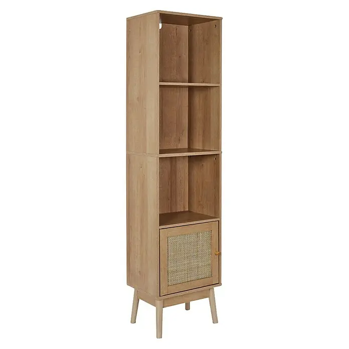 Home Deco Factory Bali Estantería de madera - L x An x Al: 30 x 40 x 160 cm, Marrón, Con ratán trenzado - Esta estantería alta de madera cuenta con compartimentos abiertos y una puerta de armario con una inserción tejida, perfecta para un almacenamiento elegante.