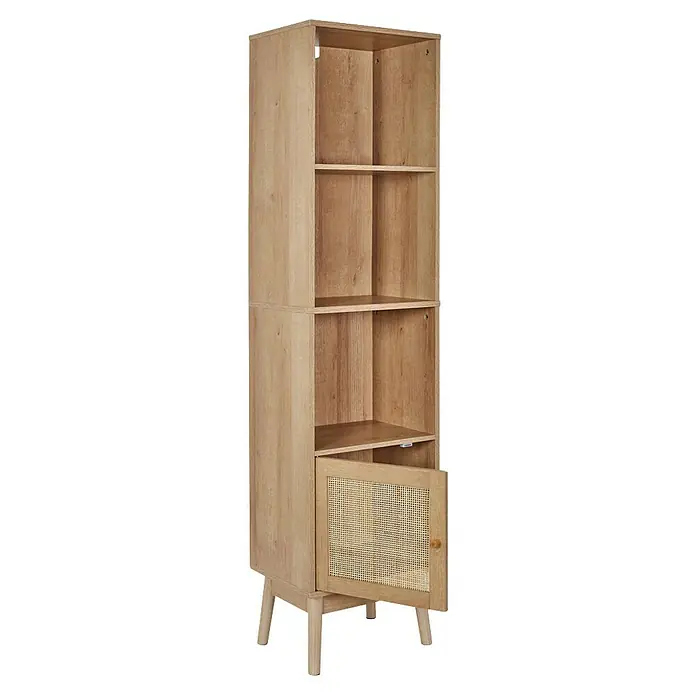Home Deco Factory Bali Estantería de madera - L x An x Al: 30 x 40 x 160 cm, Marrón, Con ratán trenzado - Elegante estantería de madera delgada con cuatro compartimentos abiertos y una puerta de armario con malla de ratán para un almacenamiento elegante.
