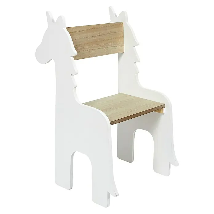 Home Deco Kids Silla Unicornio - Blanco/Madera, Específico para: Niños pequeños - Una alegre silla infantil con diseño de caballo, elaborada con madera blanca con asiento y respaldo en aspecto de madera natural.