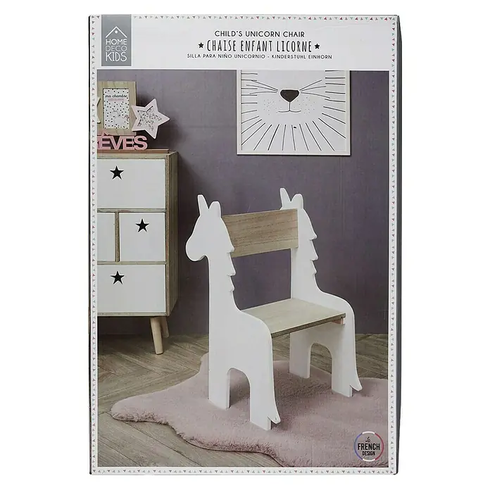 Home Deco Kids Silla Unicornio - Blanco/Madera, Específico para: Niños pequeños - Silla infantil de unicornio, pintada de blanco con asiento y respaldo en aspecto de madera, diseño creativo para la habitación infantil.