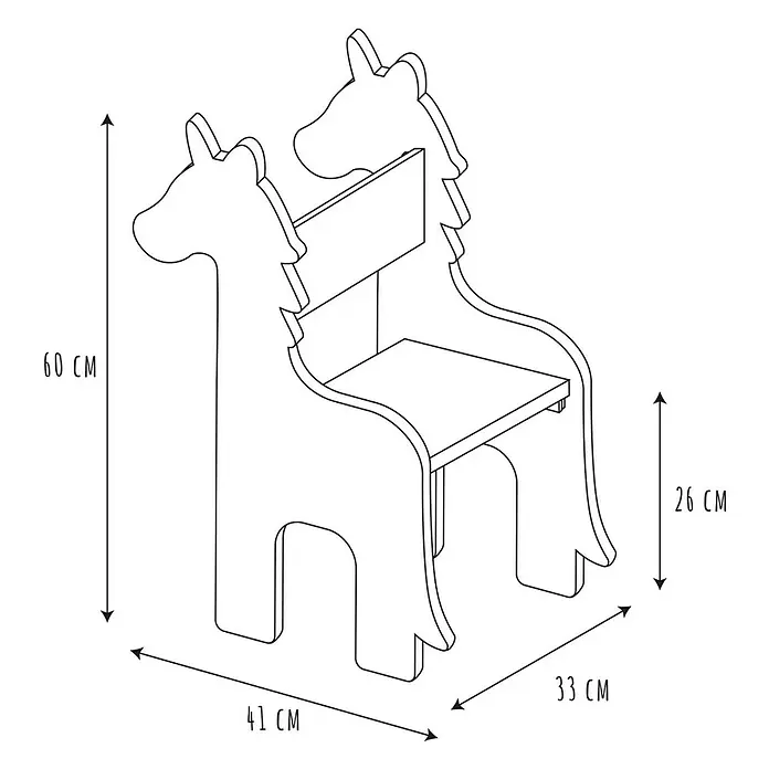 Home Deco Kids Silla Unicornio - Blanco/Madera, Específico para: Niños pequeños - Diagrama de una linda silla infantil con forma de caballo con dimensiones.