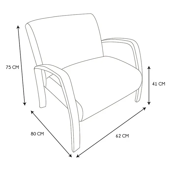 Home Deco Factory Sillón Hella - L x An x Al: 61 x 80 x 75 cm, Blanco, Textil rizado - Esquema del sillón con reposabrazos y especificaciones de altura y anchura.