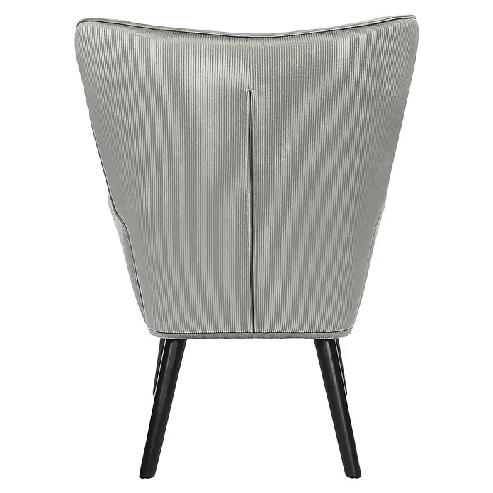 Home Deco Factory Giulia Sillón - L x An x Al: 75 x 68 x 96 cm, Gris - Imagen de una vista posterior de una silla. La silla cuenta con tapicería de rayas verticales grises y patas oscuras.