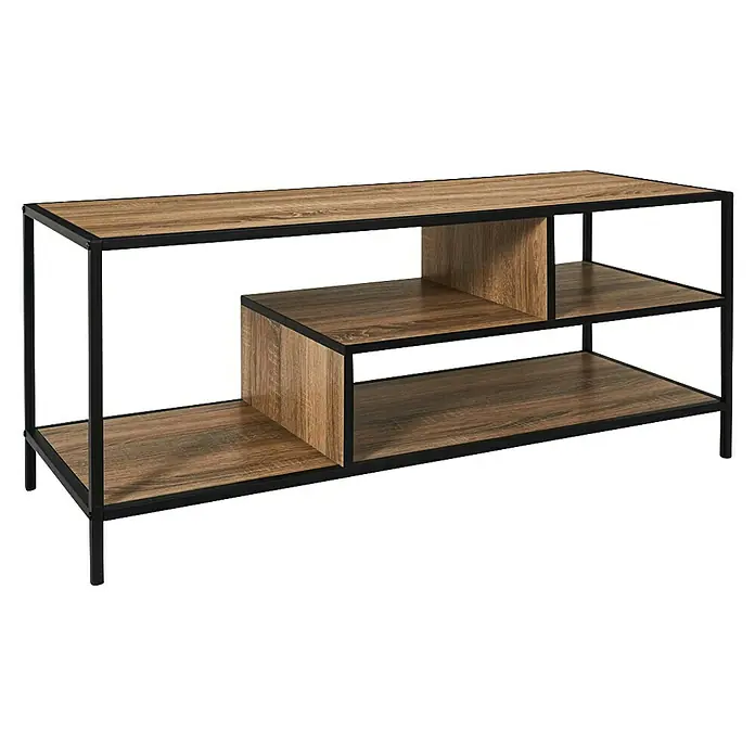 Home Deco Factory Edison Conjunto mueble de salón - 3 pzs., Negro/Marrón - Elegante soporte de TV de diseño industrial con espacio de almacenamiento abierto para una sala de estar moderna.