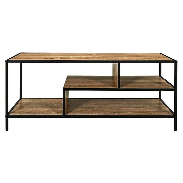 Home Deco Factory Edison Conjunto mueble de salón - 3 pzs., Negro/Marrón - Un mueble de TV marrón con estructura metálica negra y estantes para un almacenamiento elegante.