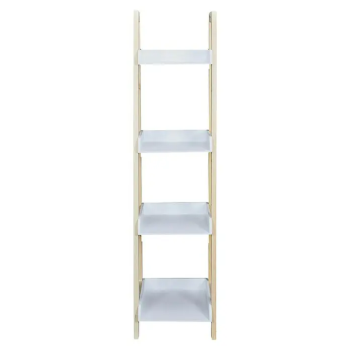 Home Deco Kids Estantería de madera - MDF, Blanco/Natural, Específico para: Niños de 3 a 5 años - Una estantería con cuatro bandejas blancas en un marco de madera clara. Ideal para baño u otras habitaciones para mantener el orden.