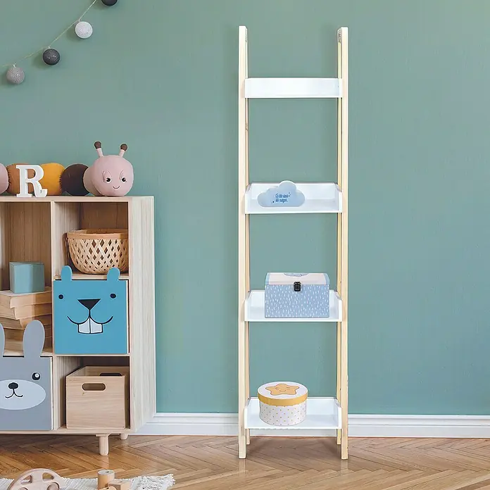 Home Deco Kids Estantería de madera - MDF, Blanco/Natural, Específico para: Niños de 3 a 5 años - Estantería decorativa en forma de escalera con compartimentos, ideal para habitaciones infantiles. Madera natural y estantes blancos dan almacenaje.