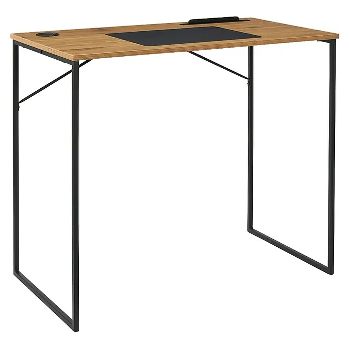 Home Deco Factory Mesa de escritorio Link - L x An x Al: 50 x 90 x 76 cm, Marrón/Negro - Un escritorio moderno con una superficie de madera clara y una estructura metálica negra, ideal para un despacho elegante.