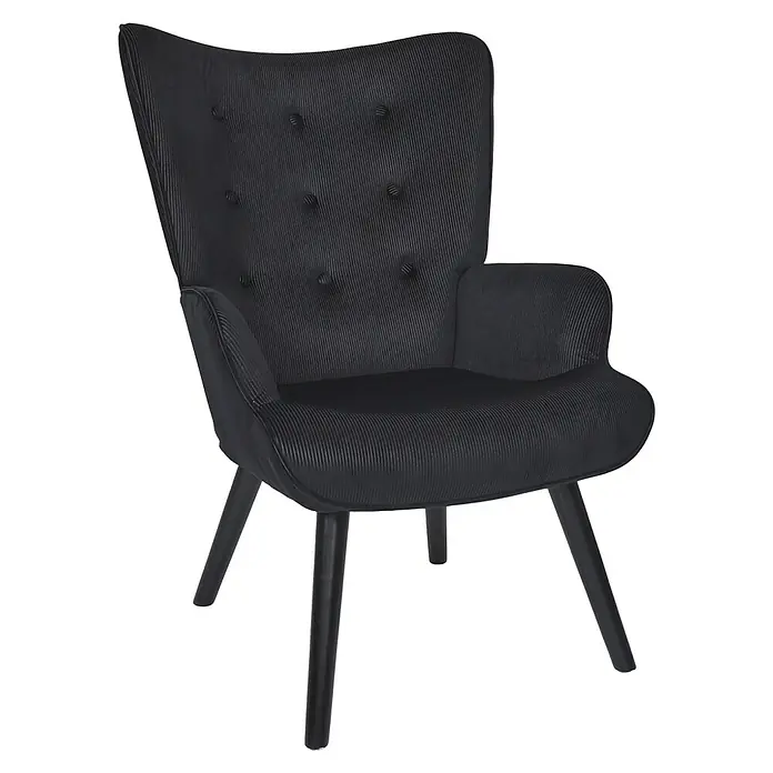 Home Deco Factory Giulia Sillón - L x An x Al: 75 x 68 x 96 cm, Negro - Sillón negro con respaldo abotonado y patas de madera oscura. El mueble presenta un diseño moderno y elegante para salón u oficina.
