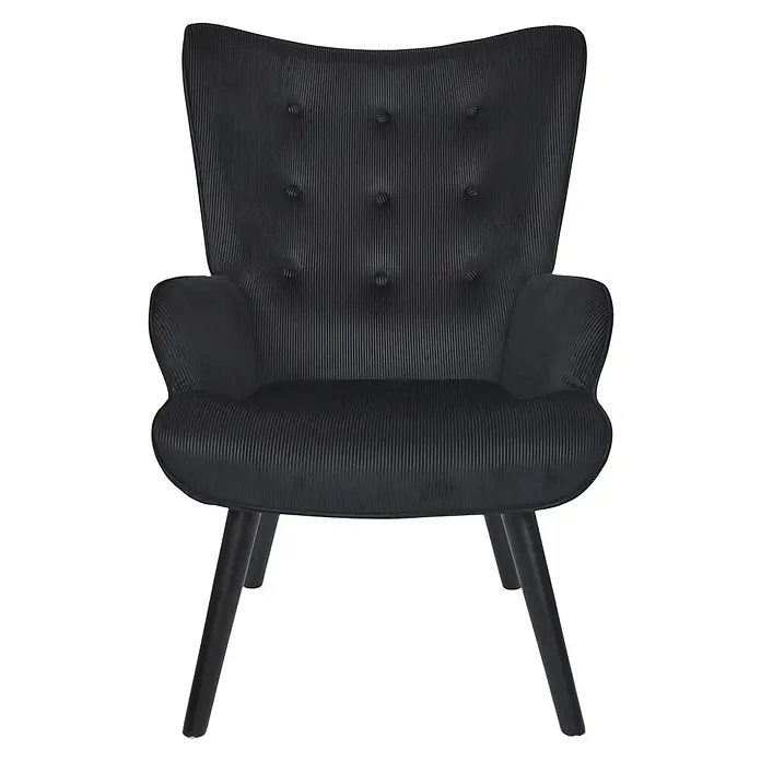 Home Deco Factory Giulia Sillón - L x An x Al: 75 x 68 x 96 cm, Negro - Elegante sillón orejero negro con capitoné. Presenta una llamativa textura acanalada vertical y patas de madera delgadas para un toque moderno.