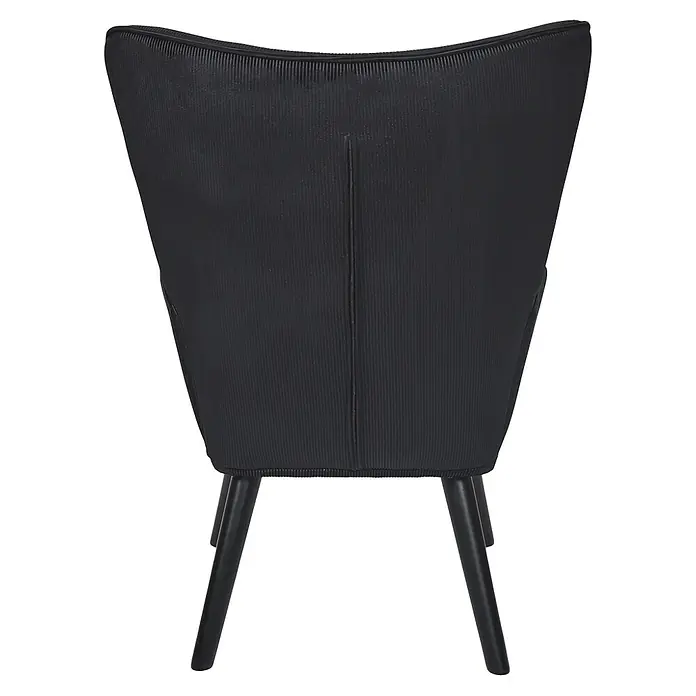 Home Deco Factory Giulia Sillón - L x An x Al: 75 x 68 x 96 cm, Negro - Vista trasera de una silla de tela negra con patas cónicas, mostrando un diseño moderno y minimalista. Se destaca la textura y la forma de la silla.