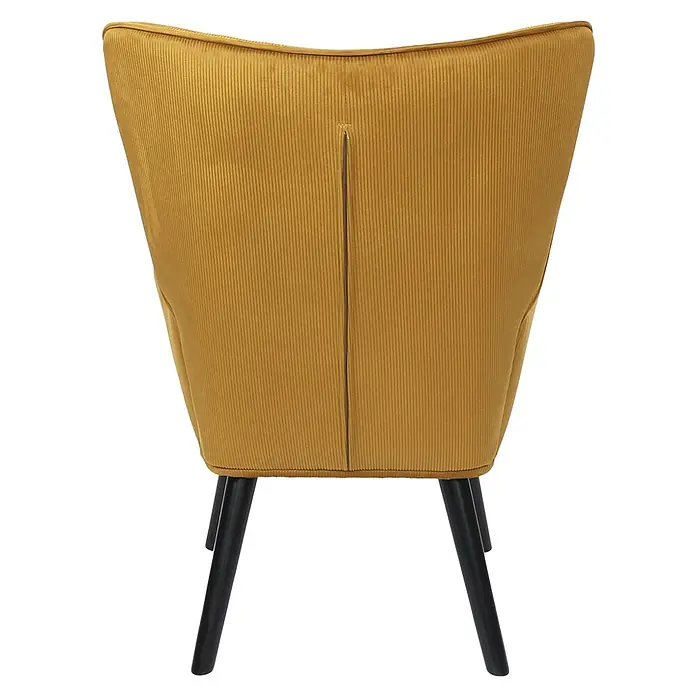 Home Deco Factory Giulia Sillón - L x An x Al: 75 x 68 x 96 cm, Mostaza - Vista posterior de una silla de pana color mostaza con patas negras. La silla tiene un respaldo alto, ligeramente curvado, y una costura vertical en el centro.