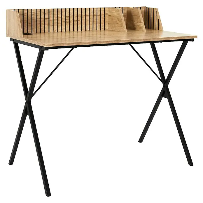 Home Deco Factory Klaus Mesa de escritorio - L x An x Al: 50 x 90 x 84,5 cm, Marrón/Negro, Diseño acanalado - Escritorio moderno con aspecto de madera y estructura metálica negra. Un mueble elegante para tu oficina o estudio.