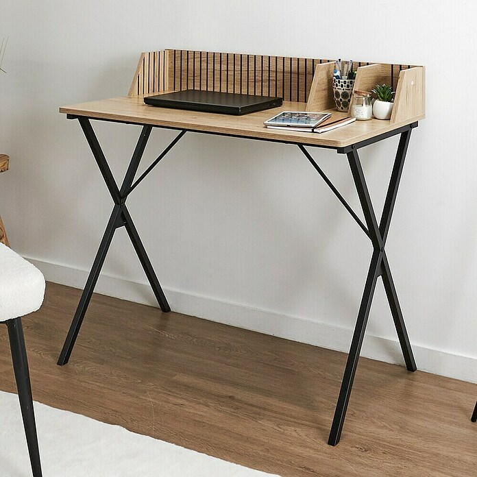 Home Deco Factory Klaus Mesa de escritorio (L x An x Al: 50 x 90 x 84,5 cm, Marrón/Negro, Diseño acanalado) | BAUHAUS