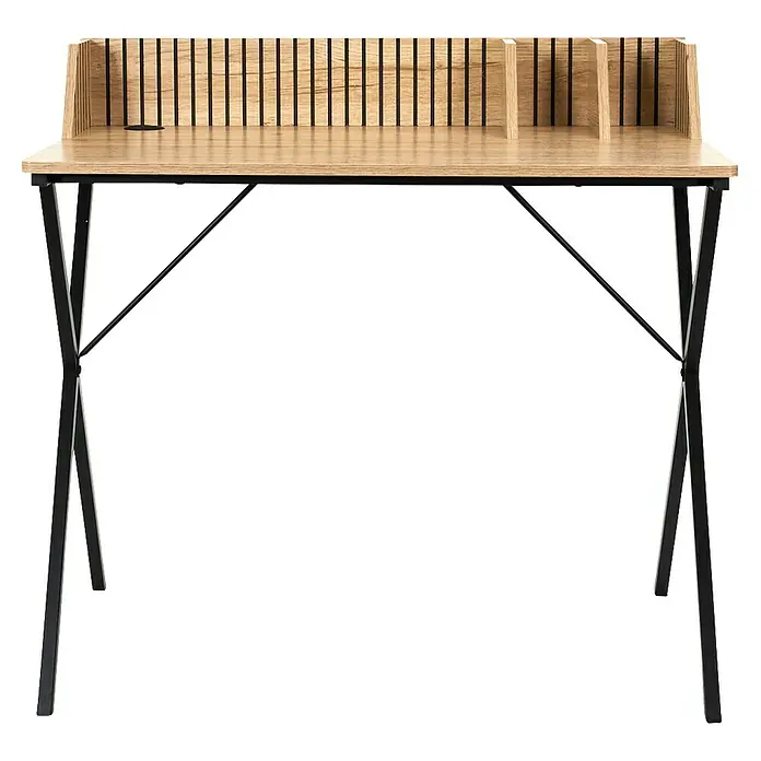Home Deco Factory Klaus Mesa de escritorio - L x An x Al: 50 x 90 x 84,5 cm, Marrón/Negro, Diseño acanalado - En la imagen, un escritorio de imitación madera con detalles negros y organizador, perfecto para estudio u oficina.