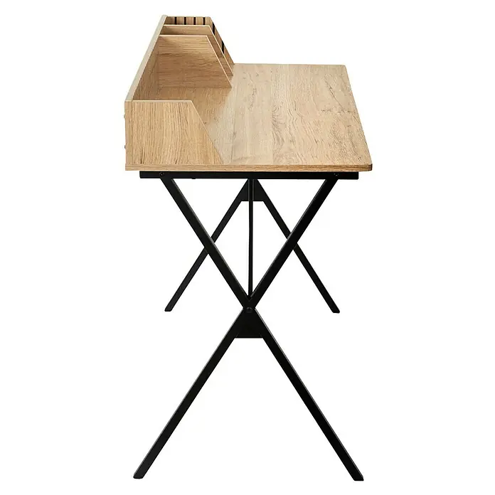 Home Deco Factory Klaus Mesa de escritorio - L x An x Al: 50 x 90 x 84,5 cm, Marrón/Negro, Diseño acanalado - Escritorio con aspecto de madera y estructura metálica negra. El mueble dispone de compartimentos y un tablero robusto con diseño natural.