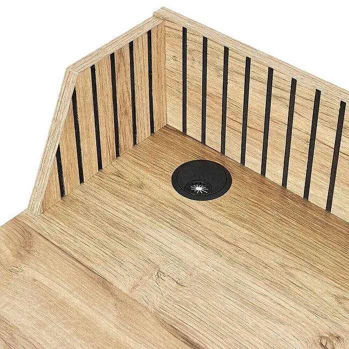 Home Deco Factory Klaus Mesa de escritorio - L x An x Al: 50 x 90 x 84,5 cm, Marrón/Negro, Diseño acanalado - Detalle de un escritorio de madera con sistema de gestión de cables integrado. El escritorio tiene un diseño moderno y funcional.