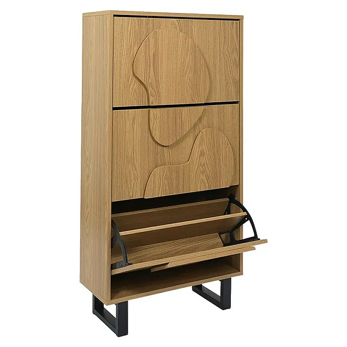 Home Deco Factory Calypso Zapatero - L x An x Al: 24 x 60 x 115 cm, Marrón/Negro, Número de compartimentos: 3 ud., Relieves curvos - Elegante zapatero de madera con frentes de cajones ondulados únicos y compartimentos abatibles para un almacenamiento de zapatos elegante.