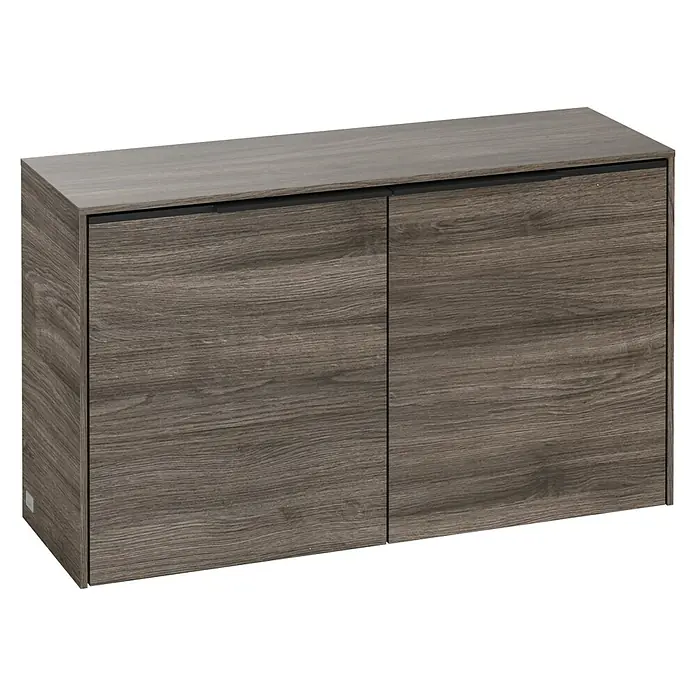 Villeroy & Boch Subway 3.0 Seitenschrank - B x T x H: 72,8 x 25,6 x 42,3 cm, Stone Oak, DIN Anschlag: Links/Rechts, Farbe Griff: Volcano Black - Braune Holzkommode mit zwei Türen. Die Kommode hat eine schlichte, moderne Form und eine natürliche Holzmaserung, die für eine warme Optik sorgt.