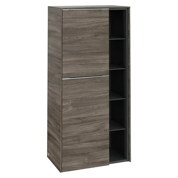 Villeroy & Boch Subway 3.0 Seitenschrank - B x T x H: 57,4 x 36,2 x 120 cm, Stone Oak, DIN Anschlag: Links, Farbe Griff: Aluminium glänzend - Ein modernes Holzschrank mit Schiebetür und mehreren Regalböden. Der Kleiderschrank bietet viel Stauraum für Kleidung und andere Gegenstände.