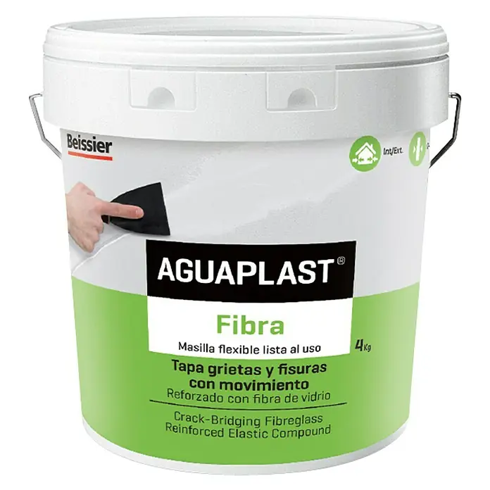 Beissier Aguaplast Masilla Fibra - Gris, 4 l - AGUAPLAST Fibra: Masilla flexible tapagrietas reforzada con fibra de vidrio, ideal para grietas con movimiento en interiores y exteriores.