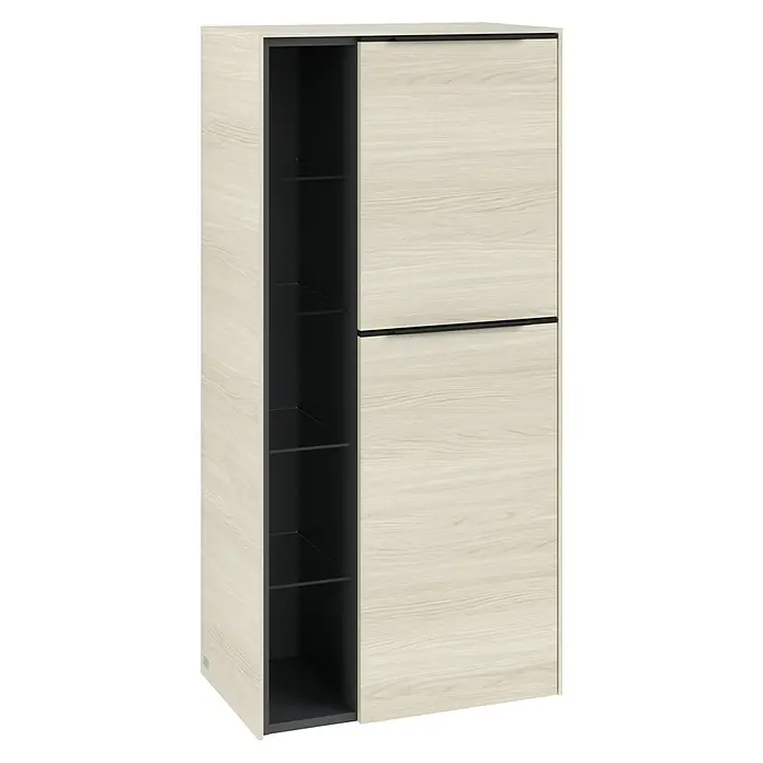 Villeroy & Boch Subway 3.0 Seitenschrank - B x T x H: 57,4 x 36,2 x 120 cm, White Oak, DIN Anschlag: Rechts, Farbe Griff: Volcano Black - Helles Schuhregal mit offenen Fächern und Schiebetüren, ideal zur Aufbewahrung von Schuhen und zur Organisation des Eingangsbereichs.