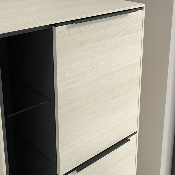 Villeroy & Boch Subway 3.0 Seitenschrank - B x T x H: 57,4 x 36,2 x 120 cm, White Oak, DIN Anschlag: Rechts, Farbe Griff: Volcano Black - Ein moderner Schuhschrank in hellem Holzdesign mit schwarzen Griffen und einem offenen Fach für stilvolle Aufbewahrung.