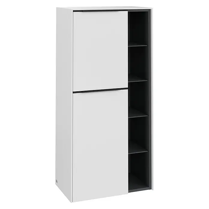 Villeroy & Boch Subway 3.0 Seitenschrank - B x T x H: 57,4 x 36,2 x 120 cm, Pure White, DIN Anschlag: Links, Farbe Griff: Volcano Black - Modernes Schuhschrankdesign mit Schiebetüren und grauem Regal für eine elegante Aufbewahrungslösung.