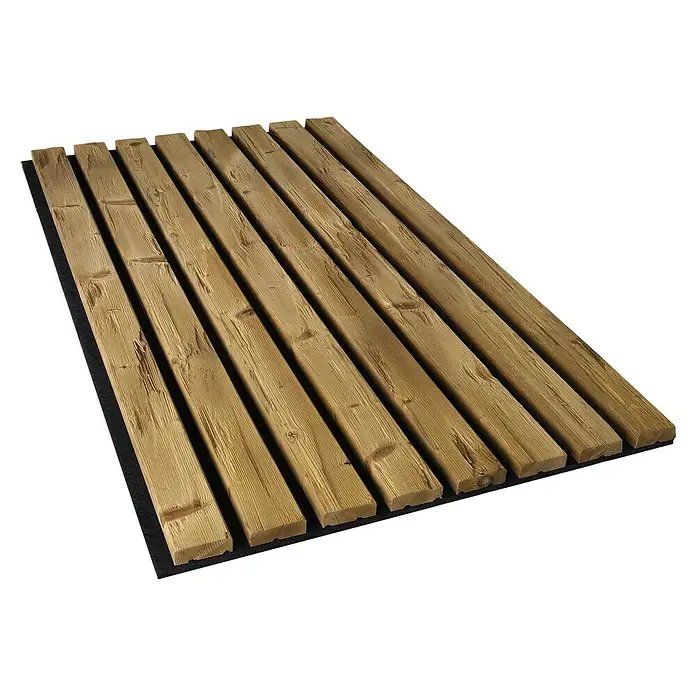 Akustikpaneel Outdoor HydroLine - Braun, 2.400 x 561 x 28 mm - Nahaufnahme eines Holzpaneels mit rustikaler Optik und dunklem Filzuntergrund, ideal für Wandverkleidungen im Innenbereich.
