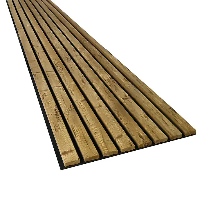 Akustikpaneel Outdoor HydroLine - Braun, 2.400 x 561 x 28 mm - Aufnahme von mehreren Holzbrettern, die nebeneinander liegen und eine natürliche Holzmaserung aufweisen, ideal für Bauprojekte.