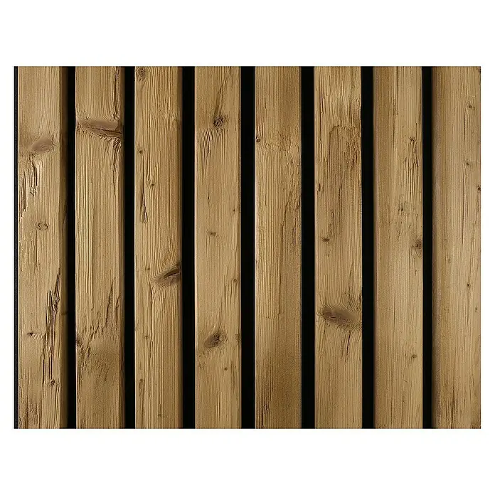Akustikpaneel Outdoor HydroLine - Braun, 2.400 x 561 x 28 mm - Hochformatige Aufnahme einer Holzvertäfelung mit sichtbarer Maserung und dunklen Fugen, ideal für rustikale Innenraumgestaltung.