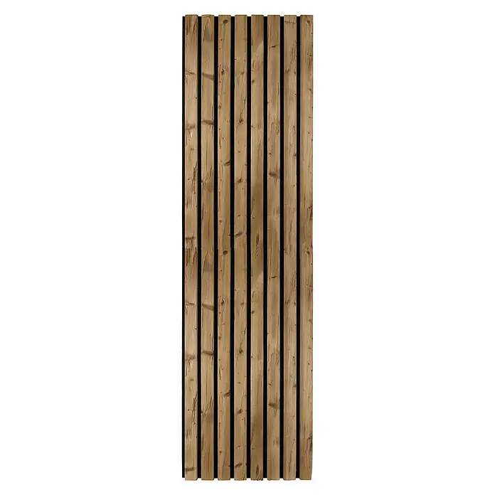 Akustikpaneel Outdoor HydroLine - Braun, 2.400 x 561 x 28 mm - Holzpaneel mit schlanken, hellbraunen Brettern und schwarzen Zwischenräumen, ideal für modernes Interieur und Akustik.